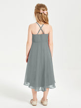 Tea Length Junior Bridesmaid Dresses with Asymmetrical Skirts Steel Grey