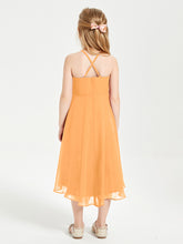 Tea Length Junior Bridesmaid Dresses with Asymmetrical Skirts Tangerine