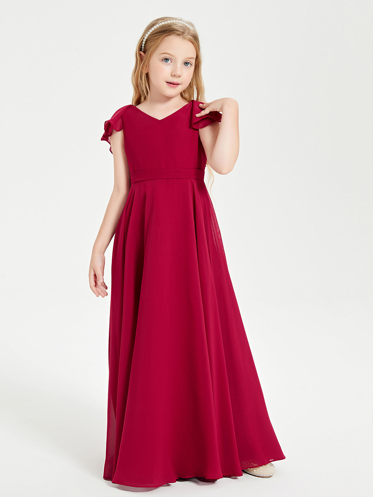 BABARONI Chiffon Burgundy Junior Bridesmaid Dresses A-line V-neck Floor-length Flutter Sleeves – BABARONI UK