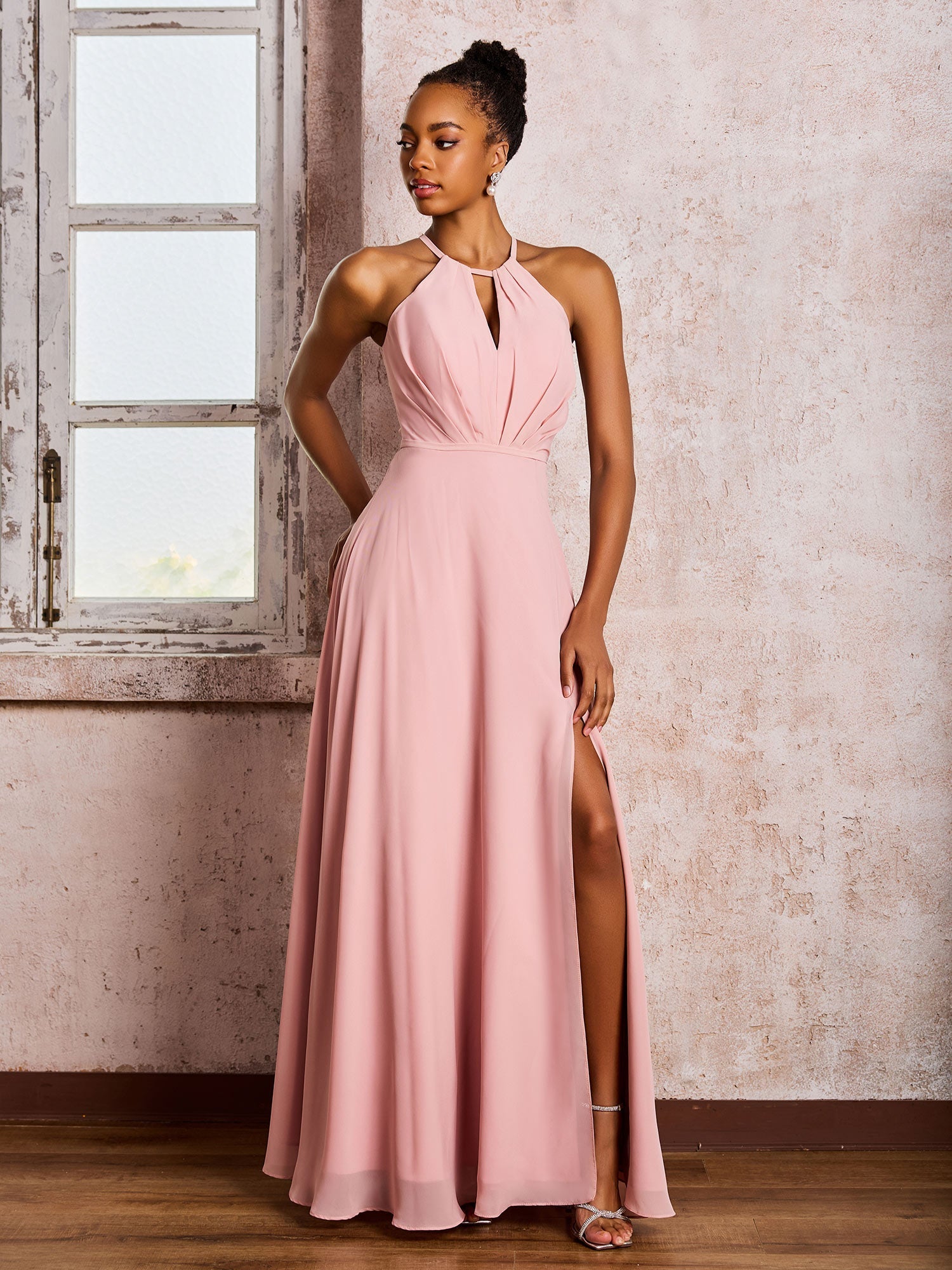 Chiffon Halter Open Back Long Dresses with Slit White