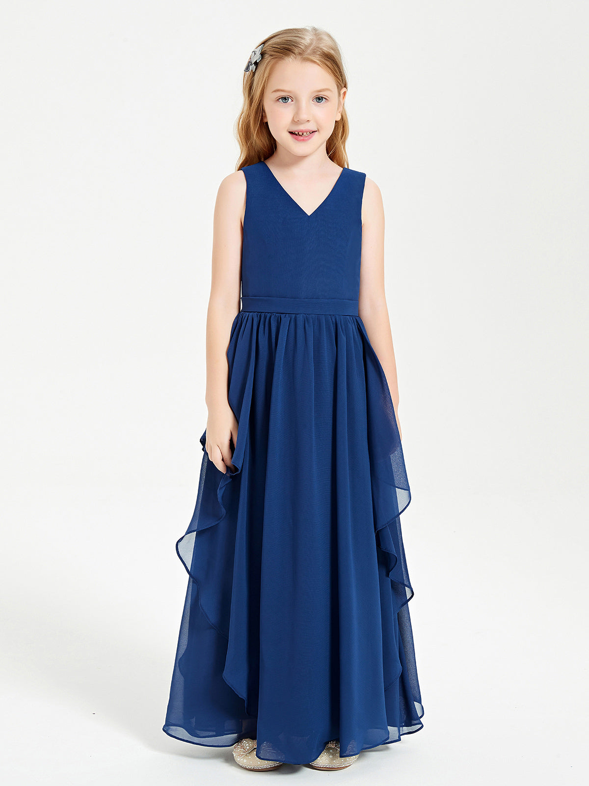 Simple Sleeveless Chiffon Junior Bridesmaid Gown Ink Blue