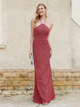 Floor-length Lace Sheath Dress Halter Neck Burgundy