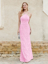 Floor-length Lace Sheath Dress Halter Neck Candy Pink