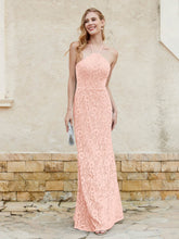 Floor-length Lace Sheath Dress Halter Neck Coral