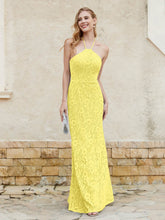 Floor-length Lace Sheath Dress Halter Neck Lemon