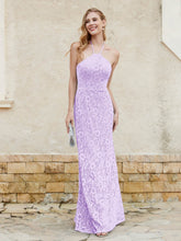 Floor-length Lace Sheath Dress Halter Neck Lilac