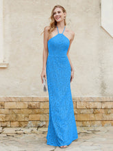 Floor-length Lace Sheath Dress Halter Neck Ocean Blue