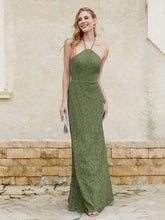 Floor-length Lace Sheath Dress Halter Neck Olive Green