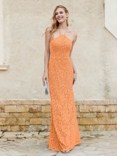 Floor-length Lace Sheath Dress Halter Neck Orange