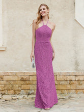Floor-length Lace Sheath Dress Halter Neck Orchid