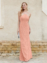 Floor-length Lace Sheath Dress Halter Neck Papaya