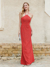 Floor-length Lace Sheath Dress Halter Neck Red