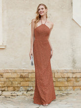 Floor-length Lace Sheath Dress Halter Neck Rust
