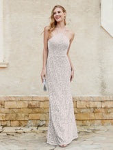 Floor-length Lace Sheath Dress Halter Neck Silver