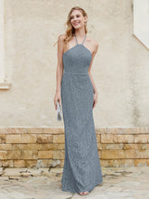 Floor-length Lace Sheath Dress Halter Neck Slate Blue