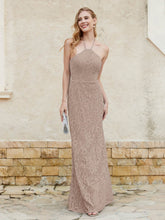 Floor-length Lace Sheath Dress Halter Neck Taupe