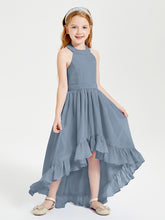 Trendy Boho Junior Bridesmaid Dresses Asymmetrical Cascading Skirt Dusty Blue