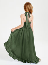 Trendy Boho Junior Bridesmaid Dresses Asymmetrical Cascading Skirt Olive Green
