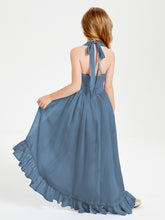 Trendy Boho Junior Bridesmaid Dresses Asymmetrical Cascading Skirt Slate Blue