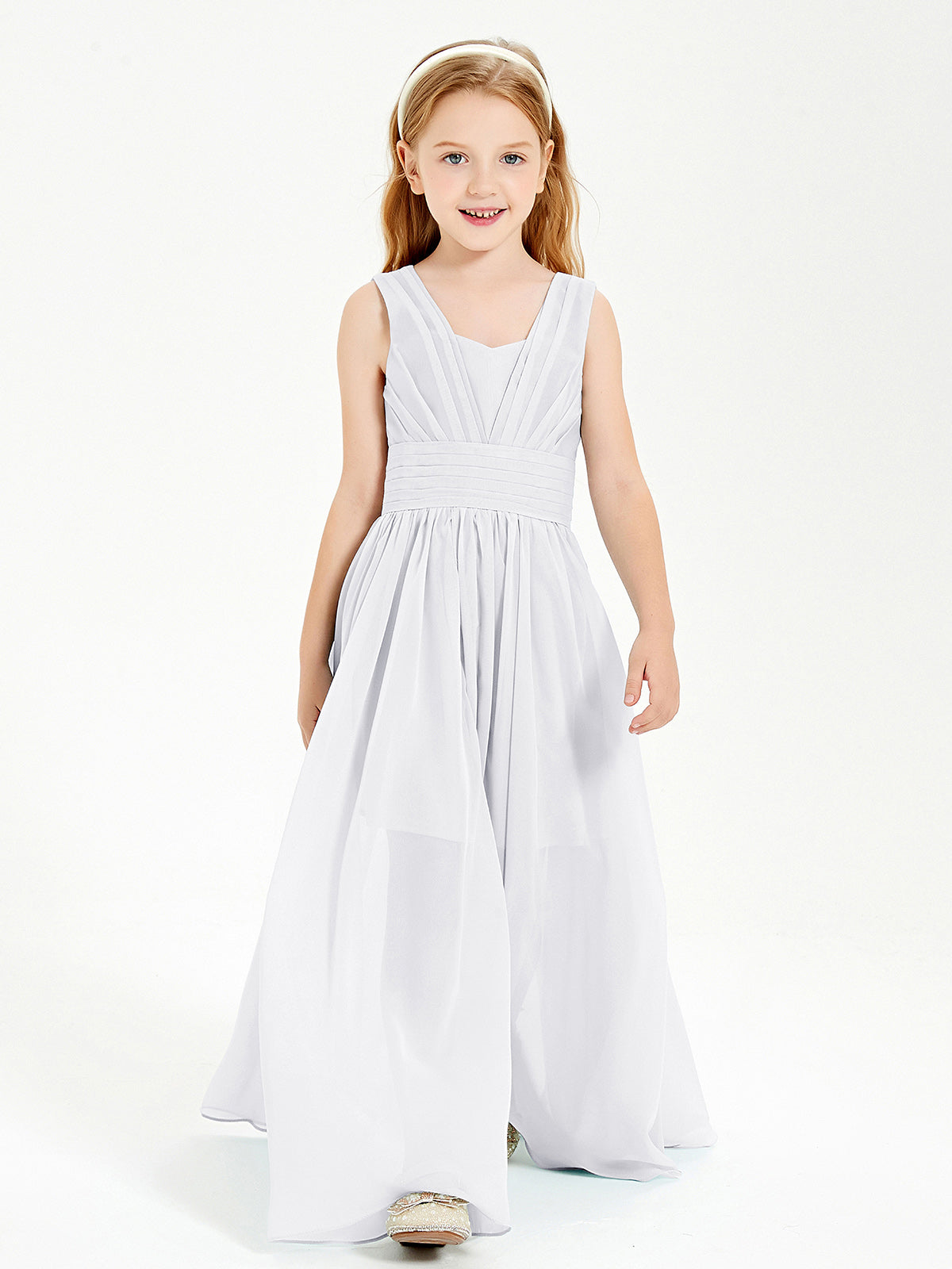 BABARONI Chiffon White Junior Bridesmaid Dresses A-line V-neck Floor-length  Sleeveless – BABARONI UK