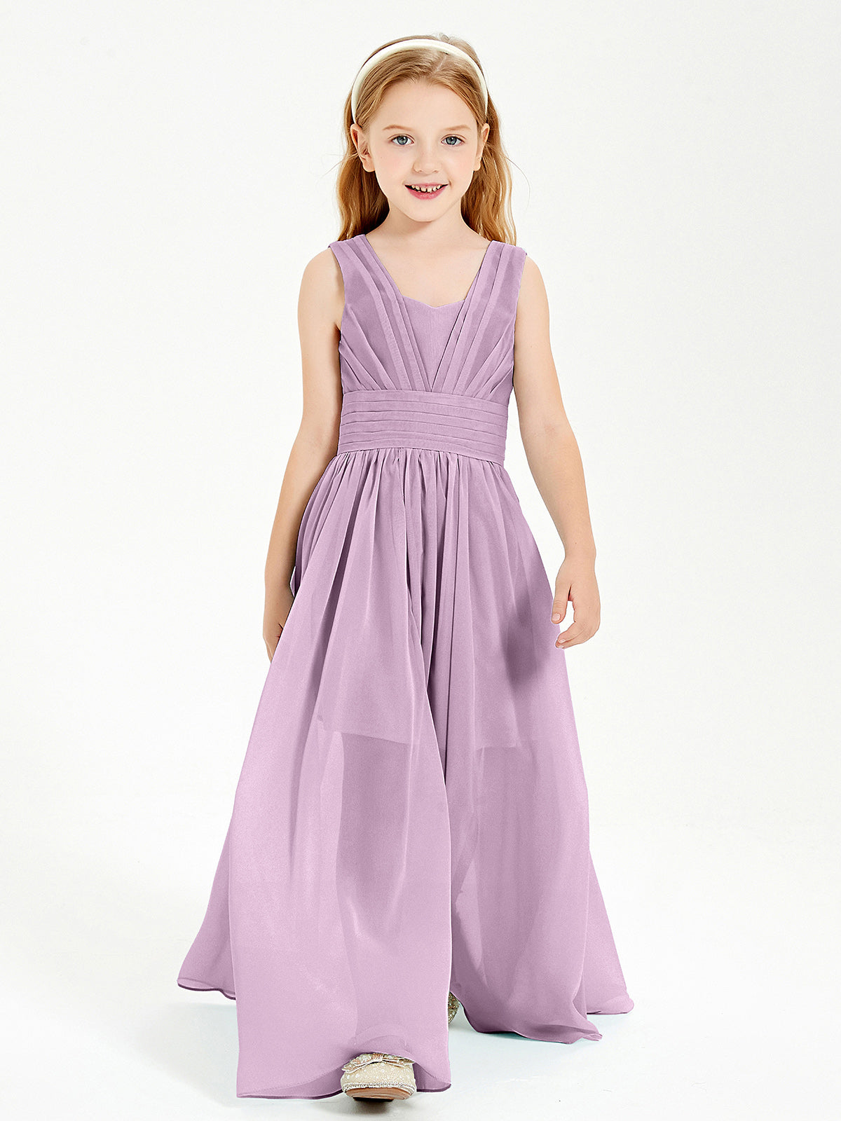 Cute V-neck Junior Bridesmaid Dresses with Pleated Lavender