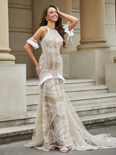 Jewel Neckline Lace Tassel Mermaid Wedding Dress Champagne