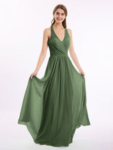 Long Chiffon Dress with V Neck and Bow Straps Olive Green