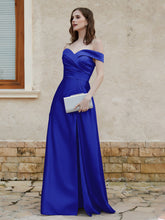 Off-the-shoulder Cap Sleeves Satin Dress With Slit Royal Blue