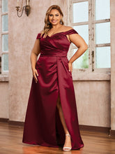 Off-the-shoulder Cap Sleeves Satin Dress With Slit Burgundy