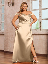 Off-the-shoulder Cap Sleeves Satin Dress With Slit Champagne