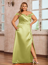 Off-the-shoulder Cap Sleeves Satin Dress With Slit Daffodil