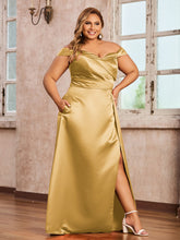 Off-the-shoulder Cap Sleeves Satin Dress With Slit Gold