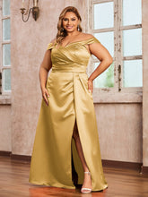 Off-the-shoulder Cap Sleeves Satin Dress With Slit Gold