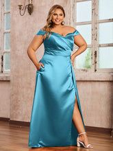Off-the-shoulder Cap Sleeves Satin Dress With Slit Pool
