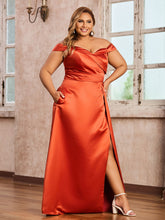 Off-the-shoulder Cap Sleeves Satin Dress With Slit Rust