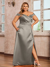 Off-the-shoulder Cap Sleeves Satin Dress With Slit Taupe