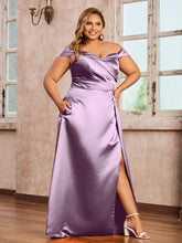Off-the-shoulder Cap Sleeves Satin Dress With Slit Wisteria