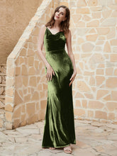 Cowl Neck Floor-length Velvet Dress Olive Green