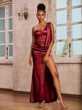 One Shoulder Corset Sheath Acetate Satin Dress Burgundy