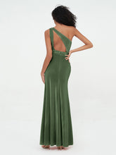One-Shoulder Long Velvet Dresses with Slit Olive Green