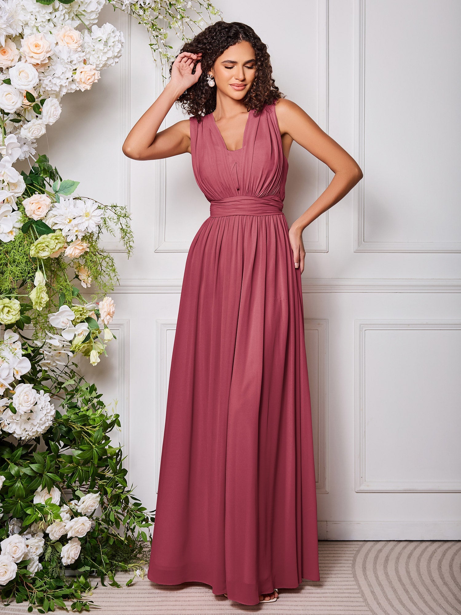BABARONI Chiffon Cinnamon Rose Bridesmaid Dresses A-line Floor-length