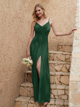 V-neck Floor-length Sheath Velvet Dress With Slit Dark Green