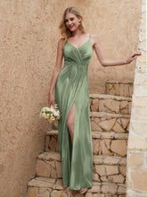 V-neck Floor-length Sheath Velvet Dress With Slit Dusty Sage