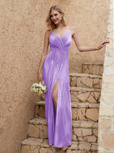 V-neck Floor-length Sheath Velvet Dress With Slit Lilac