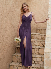 V-neck Floor-length Sheath Velvet Dress With Slit Plum