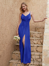 V-neck Floor-length Sheath Velvet Dress With Slit Royal Blue