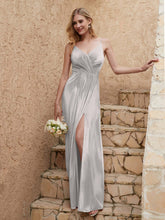 V-neck Floor-length Sheath Velvet Dress With Slit Silver