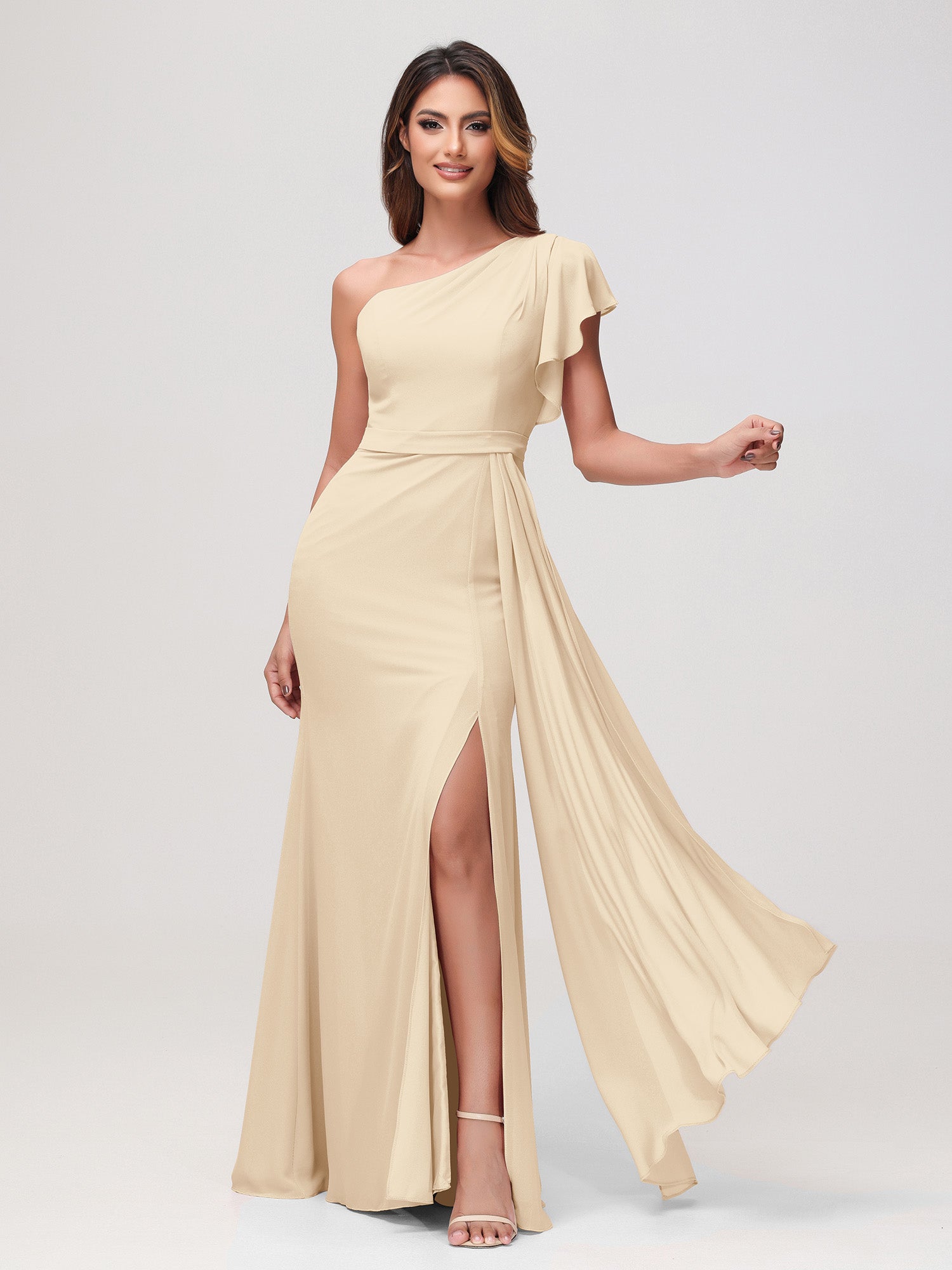 One Shoulder Sleeveless Ruched Chiffon A-line Dress Cabernet