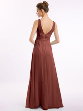Long Chiffon Dress with Shallow V Neck High Slit Terracotta
