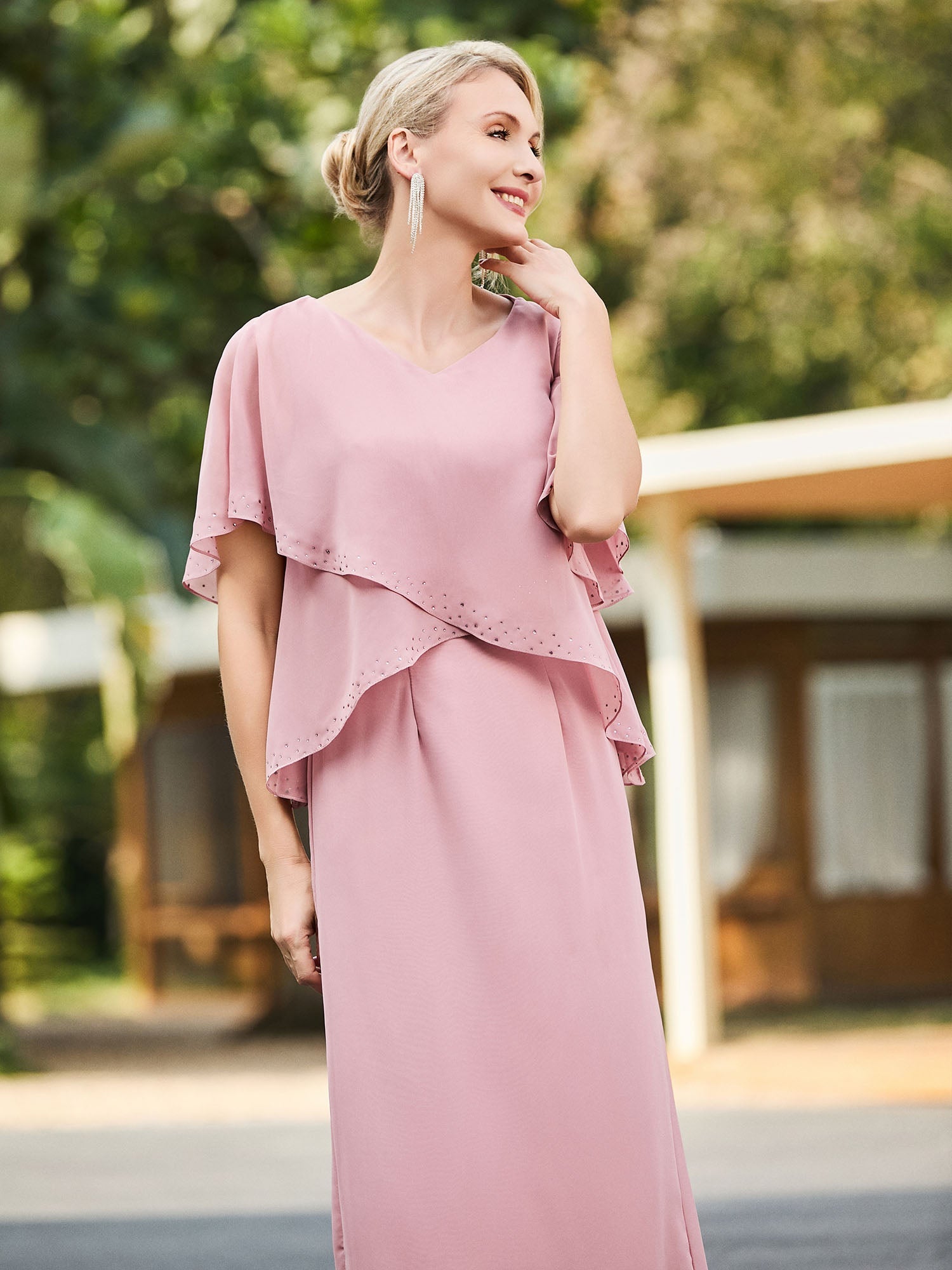 V-neck Waist Ruched Dress with Flutter Sleeves Cabernet